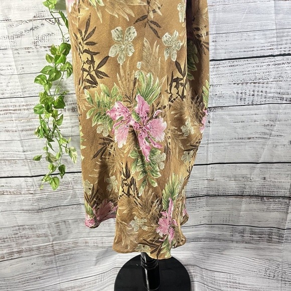 Charter Club Skirt size 16 Brown Green Pink Floral Linen Silk Bias A Line Knee - Picture 11 of 13